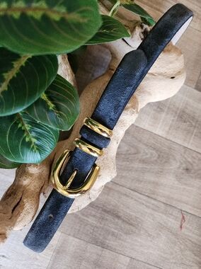 Aimee Lynn Navy Blue Suede Leather Belt with Gold-tone Buckle